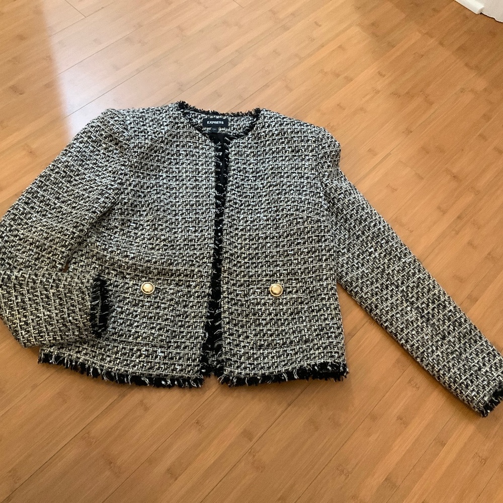 Express Metallic Tweed Open Front Blazer